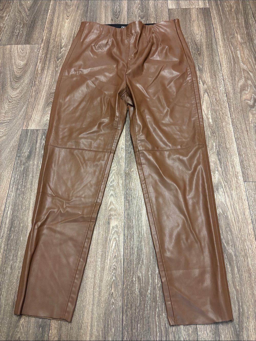 Zara Fall Cozy Chocolate Brown Faux Leather Straight-Leg Pants Elastic Waist XL